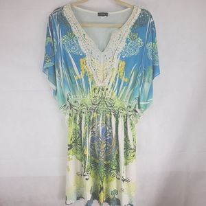 Cocomo Dress Blue Green Yellow Multi Patterns